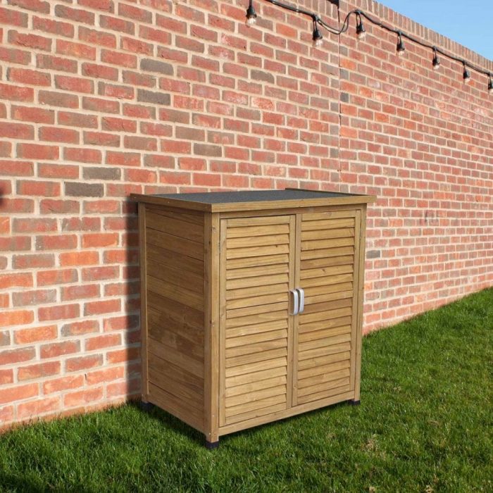 A garden storage shed against a wall.