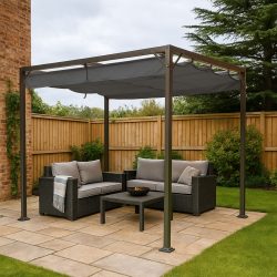 Sofas on a patio under a gazebo