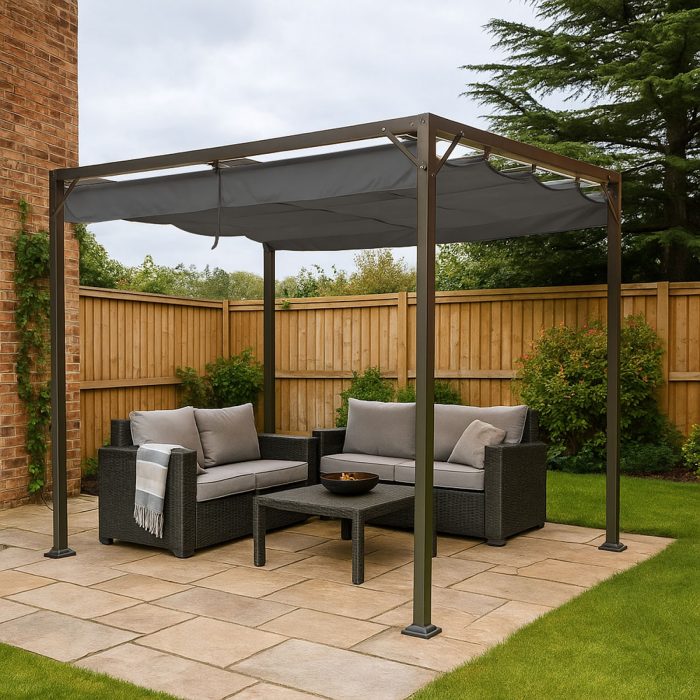 Sofas on a patio under a gazebo