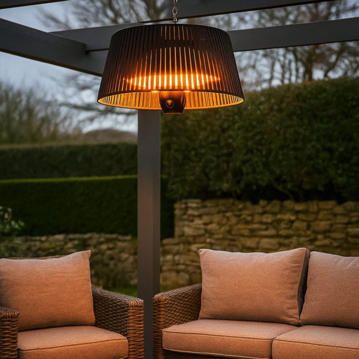 An inviting patio scene with two couches and a ceiling electric heater, perfect for relaxation and socialising outdoors.
