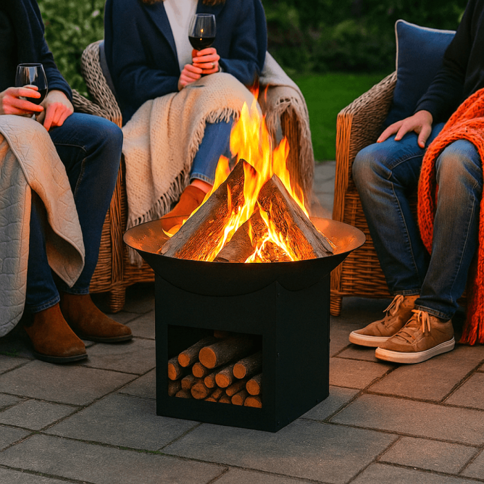 A group of people gathered around a fire pit, enjoying conversation and warmth on a cool evening.