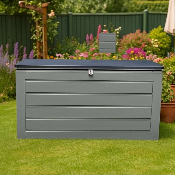 A plastic garden storage container in a garden.