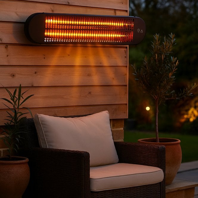 An electric outdoor heater over a chair in a patio setting.