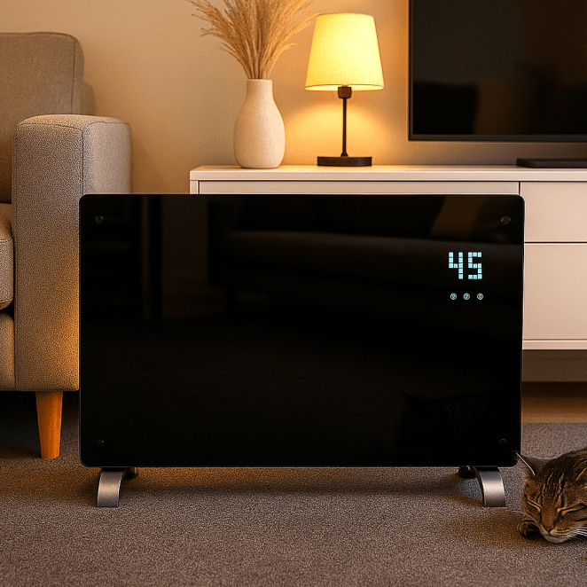An electric digital panel heater in a modern living room.