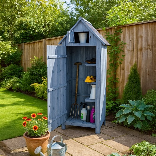 A blue tall storage shed with the door open showing a garden rake and other gardening supplies inside.