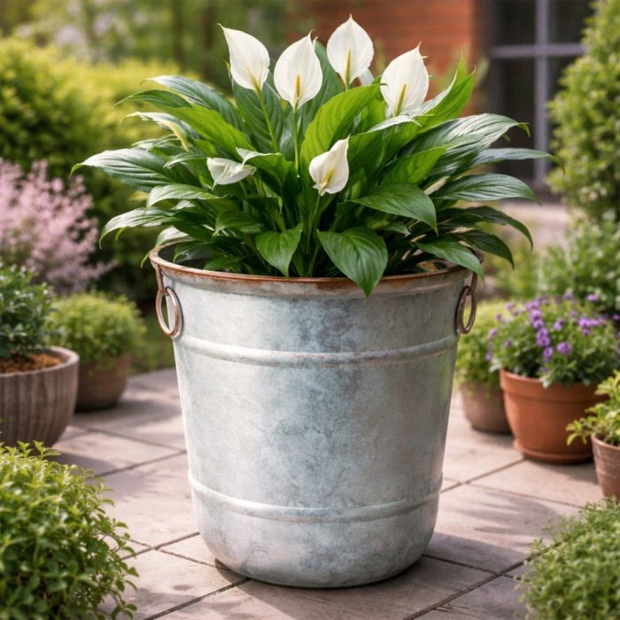 Jack Stonehouse Galvanised Steel & Copper Rim Effect Bucket Planter with White Flowers