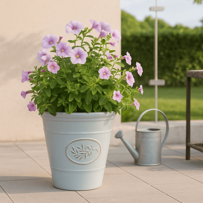 Jack Stonehouse Round Grey Olive Planter with Pink Flowers