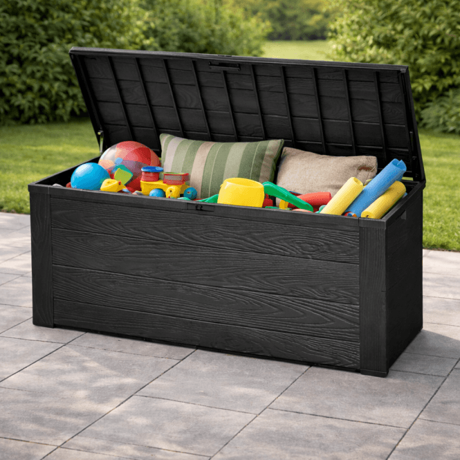 300L Outdoor Plastic Storage Box with Lid, Garden Patio Utility Cushion Chest - Black