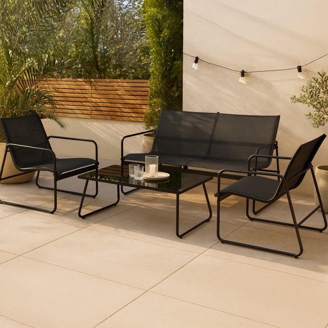 4 Piece Garden Patio Furniture Set Modern Mesh Fabric Outdoor Terrace Dining - 2 x Armchairs, Loveseat, Glass Top Table