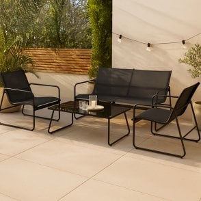 4 Piece Garden Patio Furniture Set Modern Mesh Fabric Outdoor Terrace Dining - 2 x Armchairs, Loveseat, Glass Top Table