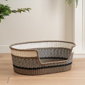 64cm Woven Wicker Cat / Dog Pet Bed Grey White Black Stripe with Mat - Small