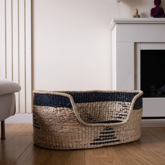69cm Natural Woven Seagrass Black Accent Dog / Cat Pet Bed with Mat