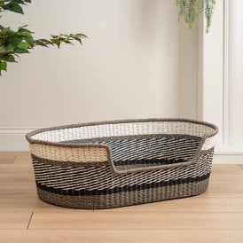 72cm Woven Wicker Cat / Dog Pet Bed Grey White Black Stripe with Mat - Medium