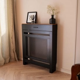Black Radiator Cover with Drawers and Wooden Top