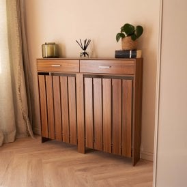 Brown Wooden Radiator Cover with Drawers Vertical Grill