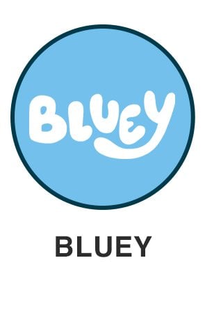 Bluey logo on light blue circle for bluey themed toys