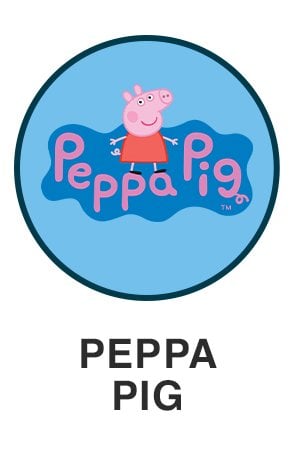 Peppa pig logo on light blue circle for peppa pig themed toys