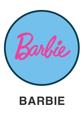 Barbie logo on light blue circle for barbie themed toys