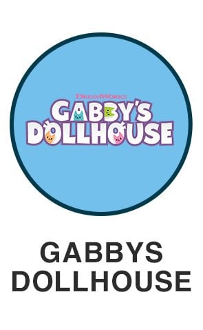 Gabbys dollhouse logo on light blue circle for gabbys dollhouse themed toys