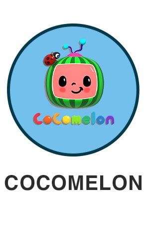 Cocomelon logo on light blue circle for cocomelon themed toys