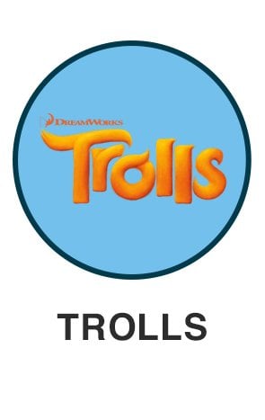Trolls logo on light blue circle for Trolls themed toys
