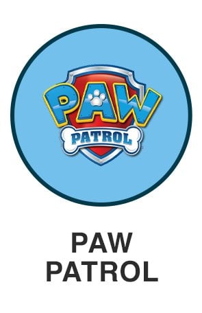 Paw patrol logo on light blue circle for paw patrol themed toys