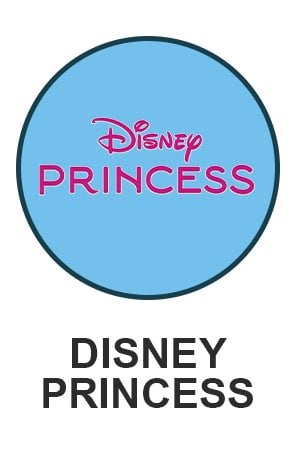 Disney princess logo on light blue circle for Disney princess themed toys