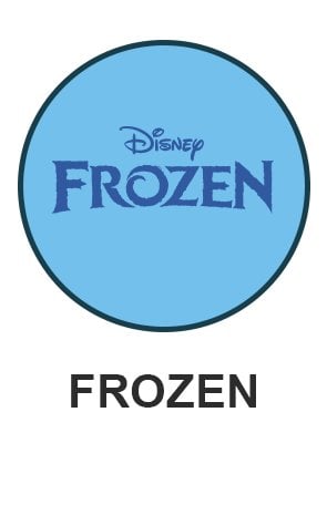 Disney Frozen logo on light blue circle for frozen themed toys
