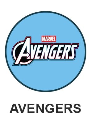 Avengers logo on light blue circle for avengers themed toys