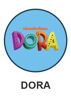 Dora logo on light blue circle for Dora themed toys