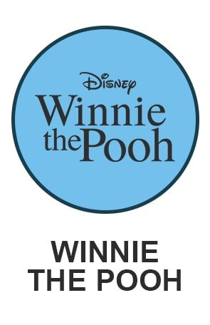 Winnie The Pooh logo on light blue circle for Winnie The Pooh themed toys