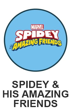 SPIDEY AND HIS AMAZING FRIENDS logo on light blue circle for SPIDEY AND HIS AMAZING FRIENDS themed toys
