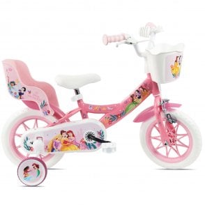 Disney Princess 12" Girls Bike with Training Wheels, Front Basket, Rear Dolly Seat for Ages 3 to 5 Years - Pink
