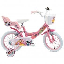 Disney Princess 14" Girls Bike with Training Wheels, Front Basket, Rear Dolly Seat for Ages 4 to 5 Years - Pink