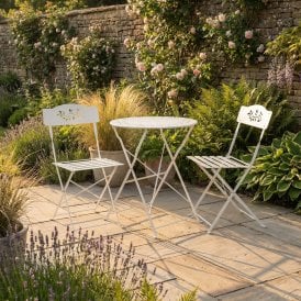 Floral Folding Olive Cut-Out Metal Outdoor Garden Bistro Patio Set 2x Chairs & Coffee Table - Rose White
