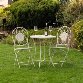 Folding Metal Outdoor Garden Bistro Patio Set 2x Chairs & Coffee Table - Retro Roman Mosaic Style Cream & Beige