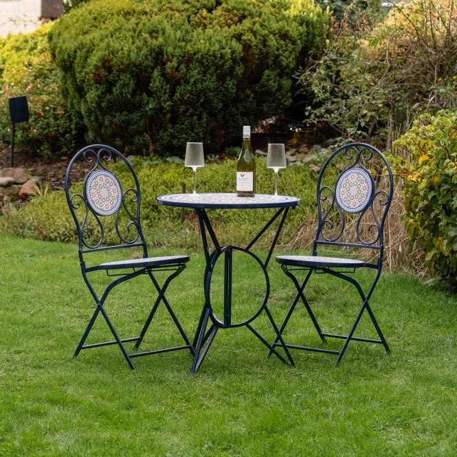 Folding Metal Outdoor Garden Bistro Patio Set 2x Chairs & Coffee Table - Retro Sicilian Mosaic Style White & Blue