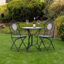 Folding Metal Outdoor Garden Bistro Patio Set 2x Chairs & Coffee Table - Retro Sicilian Mosaic Style White & Blue