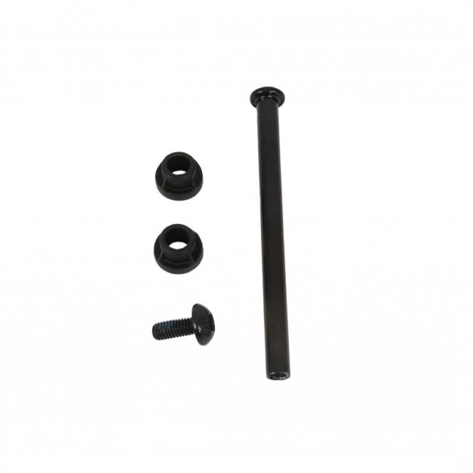 Front wheel axle with spacers and bolt