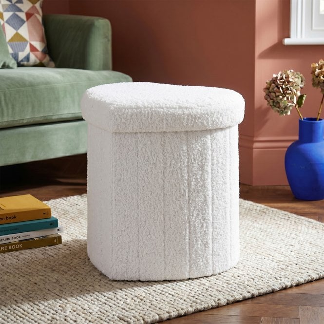 Heart-Shaped Teddy Boucle Storage Pouf - White