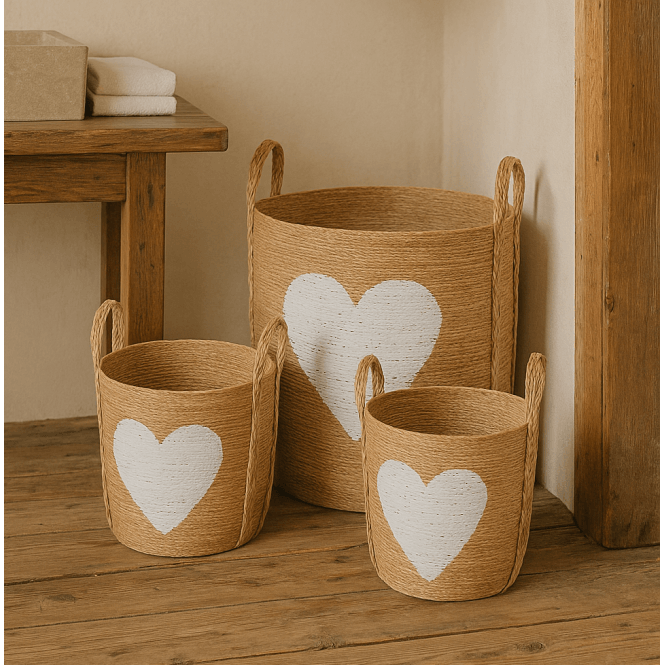Heart Storage Basket Natural Seagrass Wicker 3pcs Set 