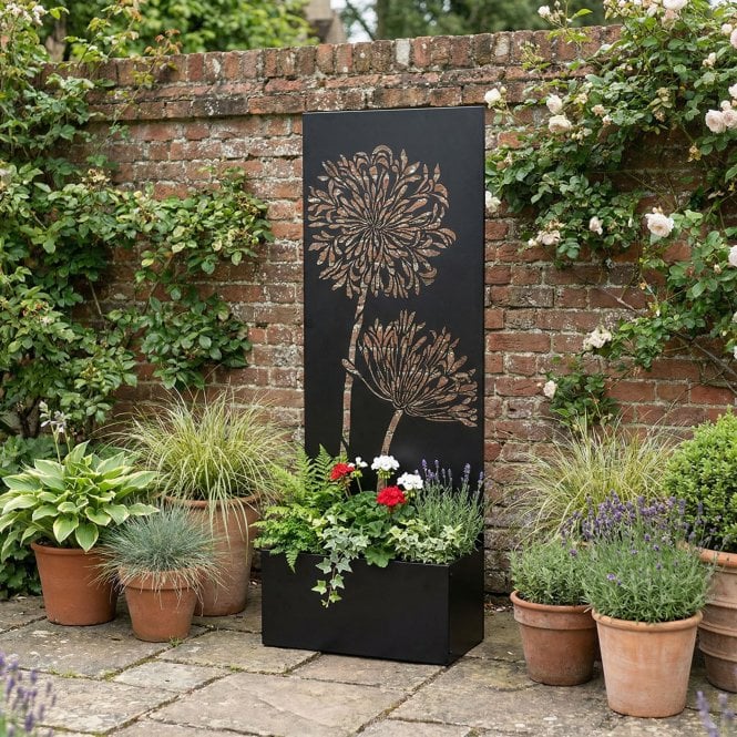Metal Outdoor 120cm x 45cm Umbel Flower Leaf Box Garden Planter with Screen - Black