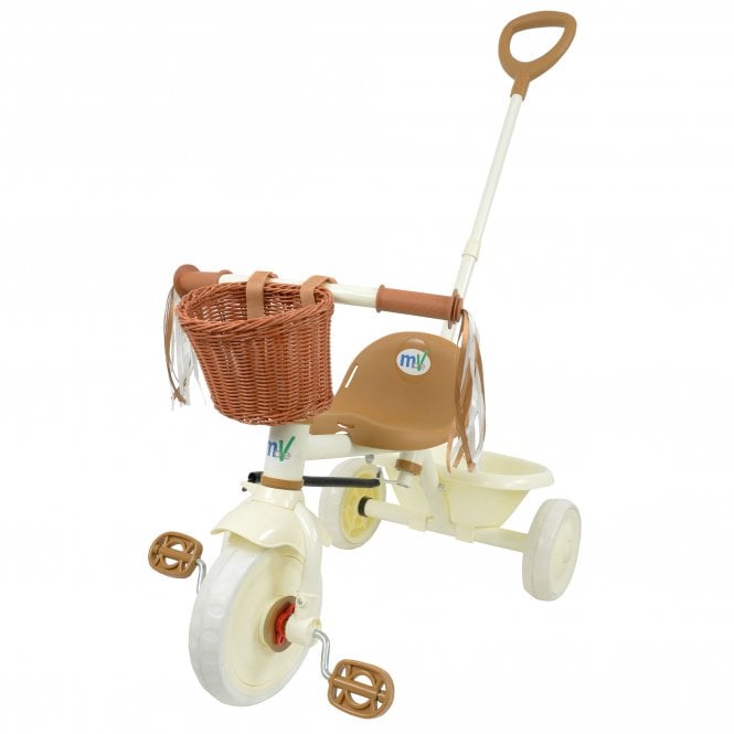 Girls 53cm Trike with Basket & Tassels Front Pedal Tricycle with Rear Bucket Retro Cream & Brown