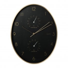 Oval Black 34.5/13.6" Wall Clock with Gold Accents, Thermometer & Hygrometer