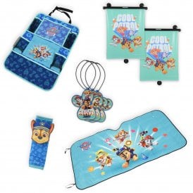 Paw Patrol Ultimate Car Bundle - 3D Seatbelt Cover, Roller Blind Sunshade, Hanging Organiser, Front Window Shade & Air Freshener