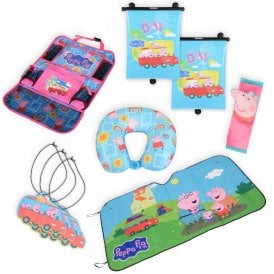 Peppa Pig Ultimate Car and Travel Bundle - Travel Pillow, 3D Seatbelt Cover, Roller Blind Sunshade, Hanging Organiser, Front Window Shade & Air Freshener