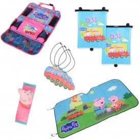 Peppa Pig Ultimate Car Bundle - 3D Seatbelt Cover, Roller Blind Sunshade, Hanging Organiser, Front Window Shade & Air Freshener