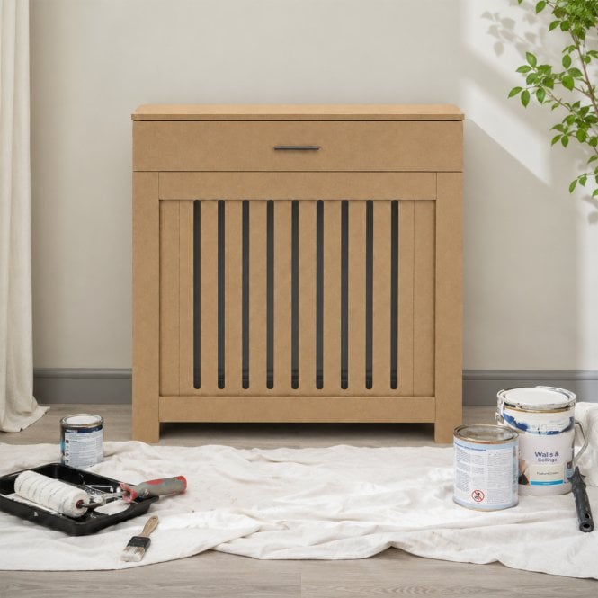 Ready to Paint Vertical Slat Radiator Cover with Storage Drawers 