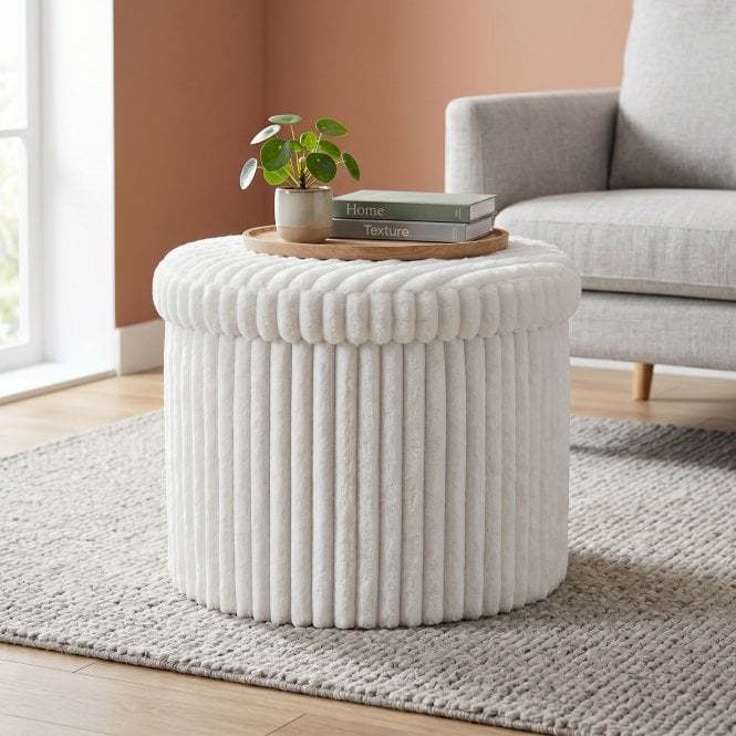 Round Storage Ottoman Stool - White