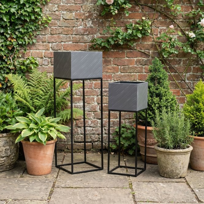 Set of 2 Grey Granite Effect Metal Planters - Indoor or Outdoor Garden Plant Pot Stand